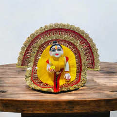 Yellow & Red Heavy Designer Laddu Gopal Ji Dress with Golden Lace & Pagdi