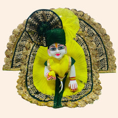 Lemon & Green Heavy Designer Laddu Gopal Ji Dress with Golden Lace & Pagdi