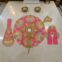 Heavy Designer Dress with Stickable Designer Mukut for Laddu Gopal Ji | Premium Shringar Outfit Set - Pink
