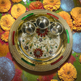 Designer Meenakari Bhog Plate with 3 Bowls for Laddu Gopal Ji | Golden Pooja Thali