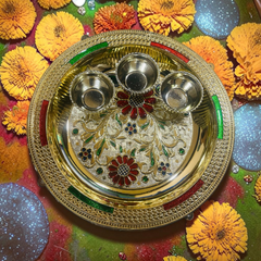 Designer Meenakari Bhog Plate with 3 Bowls for Laddu Gopal Ji | Golden Pooja Thali