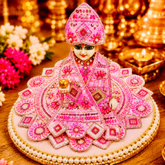 Designer Laddu Gopal Ji Dress Set with Matching Mukut, Patka & Blouse - Rose Pink