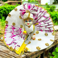 White Laddu Gopal Ji Dress with Turban – Adorned with Golden Floral Design