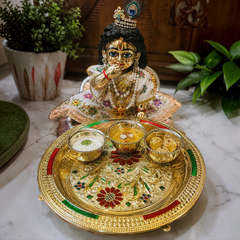 Designer Meenakari Bhog Plate with 3 Bowls for Laddu Gopal Ji | Golden Pooja Thali