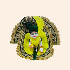 Lemon & Green Heavy Designer Laddu Gopal Ji Dress with Golden Lace & Pagdi
