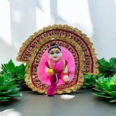 Pink Heavy Designer Laddu Gopal Ji Dress with Golden Lace & Matching Pagdi