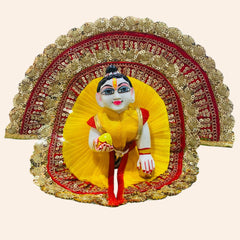 Yellow & Red Heavy Designer Laddu Gopal Ji Dress with Golden Lace & Pagdi