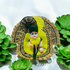 Lemon & Green Heavy Designer Laddu Gopal Ji Dress with Golden Lace & Pagdi