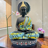 Luxury Sitting Buddha Statue (10 Inch) – Black Marble with Golden Plate Detailing | Elegant Home Decor Idol