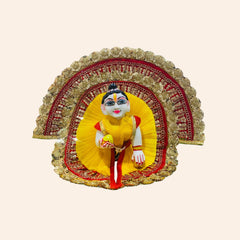 Yellow & Red Heavy Designer Laddu Gopal Ji Dress with Golden Lace & Pagdi
