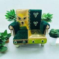 Green & Golden Sofa Set for Laddu Gopal Ji – Handcrafted Royal Seat for Size 3 to 5 Idols