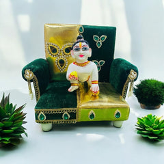 Green & Golden Sofa Set for Laddu Gopal Ji – Handcrafted Royal Seat for Size 3 to 5 Idols