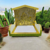 Silver & Golden Wooden Singhasan for Laddu Gopal Ji – Radhe Krishna Backdrop | Handcrafted Devotional Throne