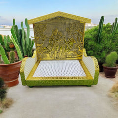 Silver & Golden Wooden Singhasan for Laddu Gopal Ji – Radhe Krishna Backdrop | Handcrafted Devotional Throne
