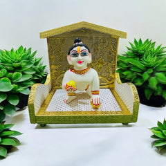 Silver & Golden Wooden Singhasan for Laddu Gopal Ji – Radhe Krishna Backdrop | Handcrafted Devotional Throne