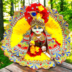 Premium Yellow Heavy Dress for Laddu Gopal Ji with Turban – Floral Design & Rich Border Work