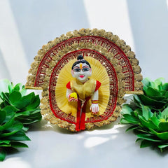 Golden & Red Heavy Designer Laddu Gopal Ji Dress with Golden Lace Border and Pagdi