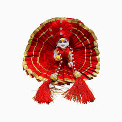 Red Net Laddu Gopal Ji Dress with Golden Lace & Pagdi – Handcrafted Designer Poshak