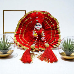 Red Net Laddu Gopal Ji Dress with Golden Lace & Pagdi – Handcrafted Designer Poshak