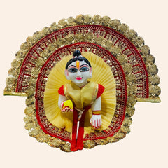 Golden & Red Heavy Designer Laddu Gopal Ji Dress with Golden Lace Border and Pagdi