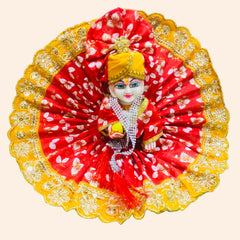 Red Cotton Laddu Gopal Ji Dress with White Floral Print, Yellow Border & Matching Pagdi