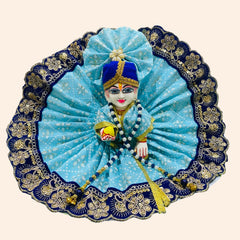 Sky Blue Cotton Laddu Gopal Ji Dress with White Floral Print, Blue Border & Golden Thread – With Pagdi