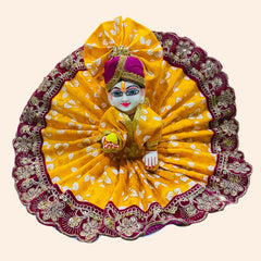 Yellow Printed Cotton Laddu Gopal Ji Dress with Red Border, Golden Thread & Matching Pagdi