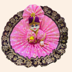 Pink Cotton Laddu Gopal Ji Dress with White Floral Print, Mehroon Border & Pagdi – Golden Thread Design