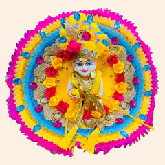 Elegant Pink, Yellow & Sky Blue Dress with Floral Pagdi for Laddu Gopal Ji – Premium Festive Wear