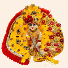 Yellow & Red Heavy Designer Dress with Pagdi for Laddu Gopal Ji