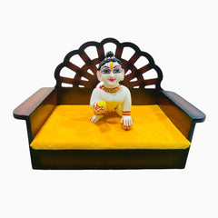 Premium Wooden Yellow Cushion Bed for Laddu Gopal Ji – Handcrafted Royal Design