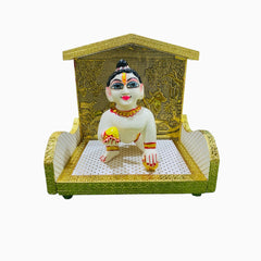 Silver & Golden Wooden Singhasan for Laddu Gopal Ji – Radhe Krishna Backdrop | Handcrafted Devotional Throne