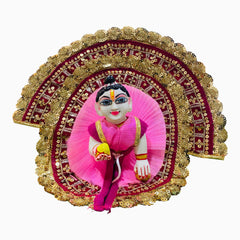 Pink Heavy Designer Laddu Gopal Ji Dress with Golden Lace & Matching Pagdi