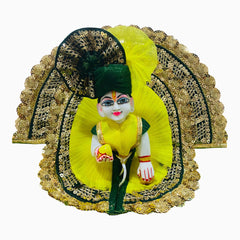 Lemon & Green Heavy Designer Laddu Gopal Ji Dress with Golden Lace & Pagdi