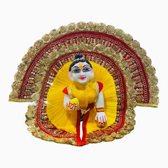 Yellow & Red Heavy Designer Laddu Gopal Ji Dress with Golden Lace & Pagdi