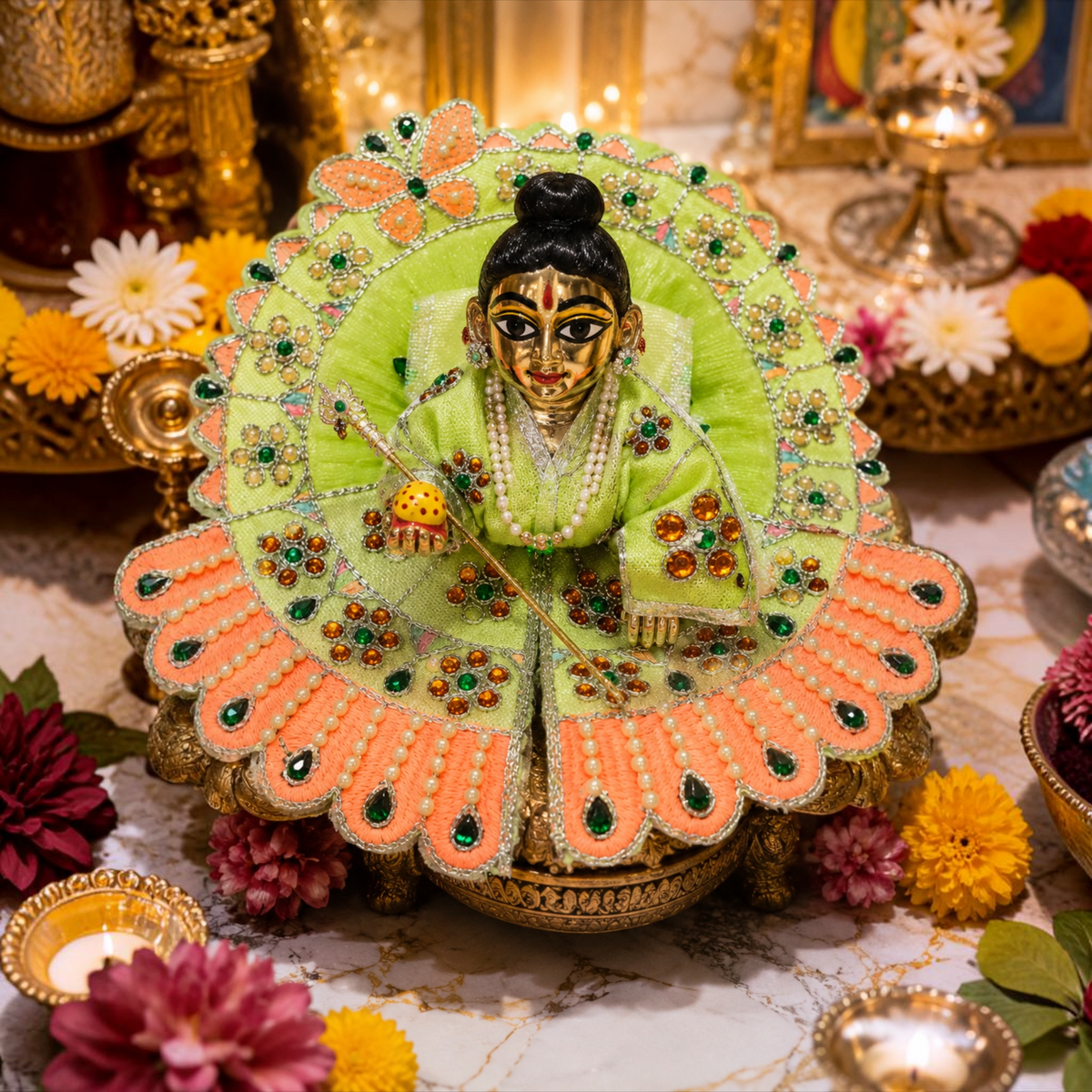Premium Designer Laddu Gopal Ji Dress – Stone Work | Embroidery Brder | Washable Fabric - Green