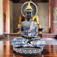 Luxury Sitting Buddha Statue (10 Inch) – Black Marble with Golden Plate Detailing | Elegant Home Decor Idol