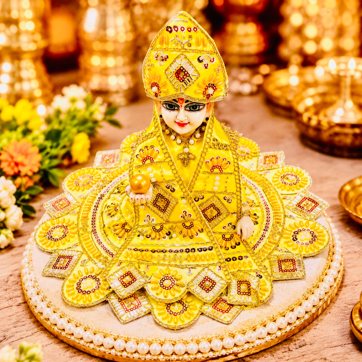 Designer Laddu Gopal Ji Dress Set with Matching Mukut, Patka & Blouse - Yellow