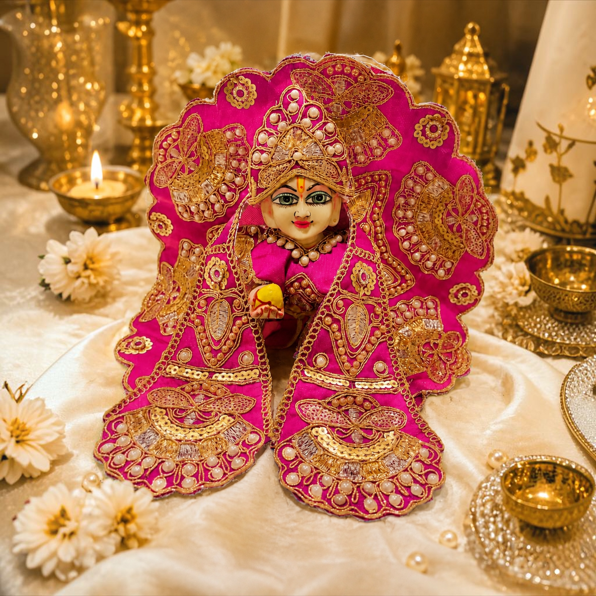 Heavy Designer Dress with Stickable Designer Mukut for Laddu Gopal Ji | Premium Shringar Outfit Set - Pink
