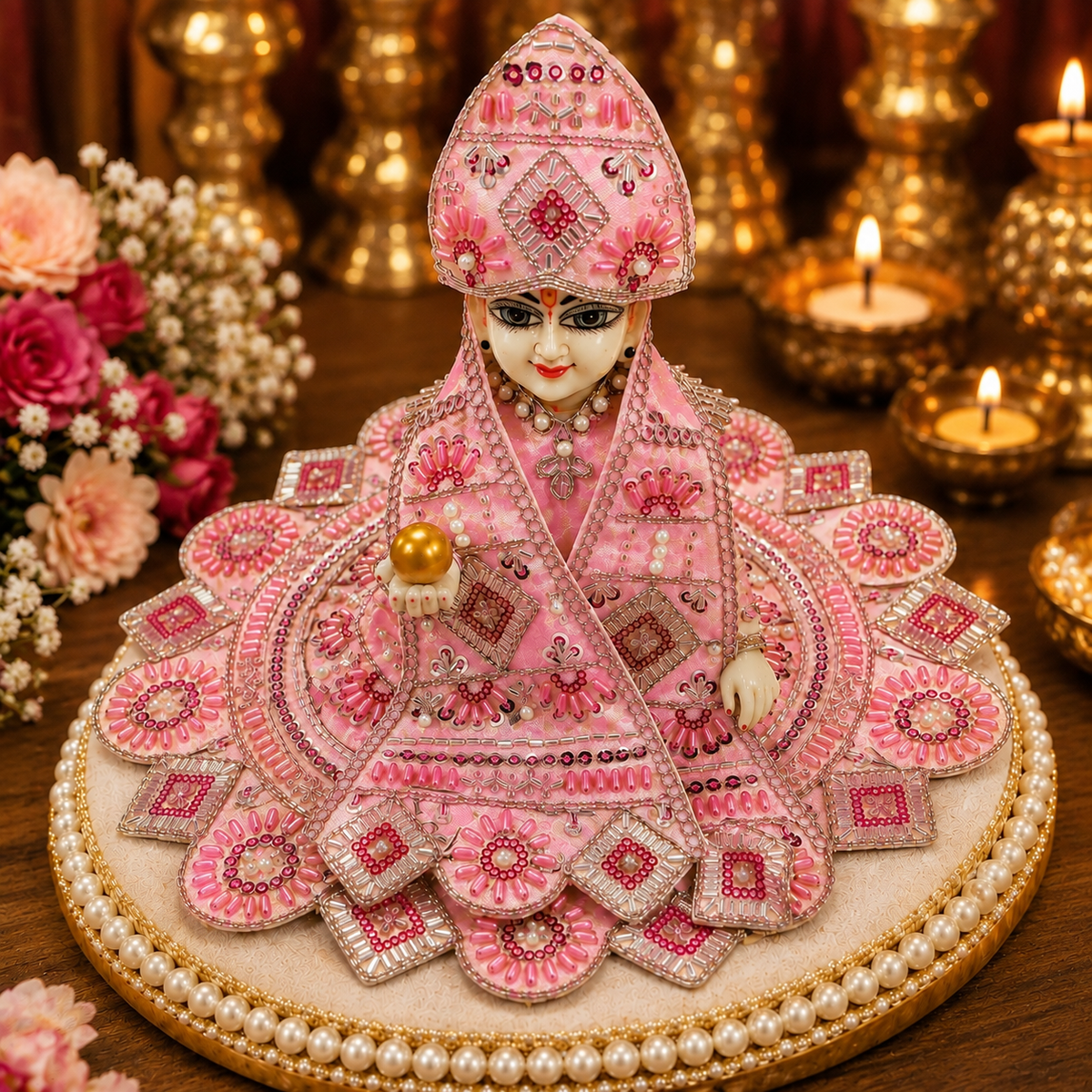 Designer Laddu Gopal Ji Dress Set with Matching Mukut, Patka & Blouse - Pink