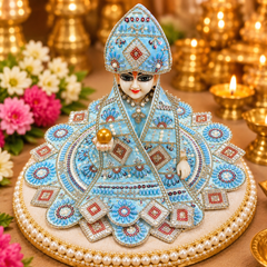 Designer Laddu Gopal Ji Dress Set with Matching Mukut, Patka & Blouse - Sky Blue