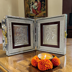 Silver Plated Hanuman Ji & Shree Ram Suitcase Style Mandir (6x6 Inch) – Portable Mini Temple & Gift Set