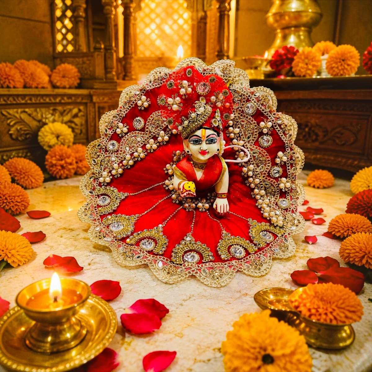 Heavy Designer Premium Stone Poshak for Laddu Gopal Ji – Special Janmashtami Dress - Red