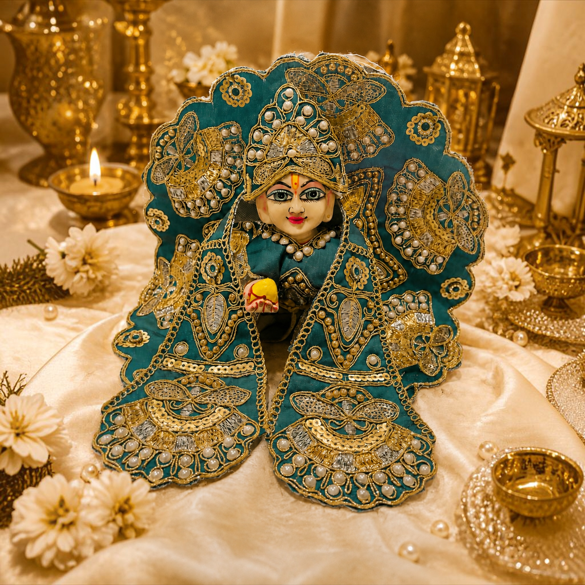 Heavy Designer Dress with Stickable Designer Mukut for Laddu Gopal Ji | Premium Shringar Outfit Set - Sea Foam Teal