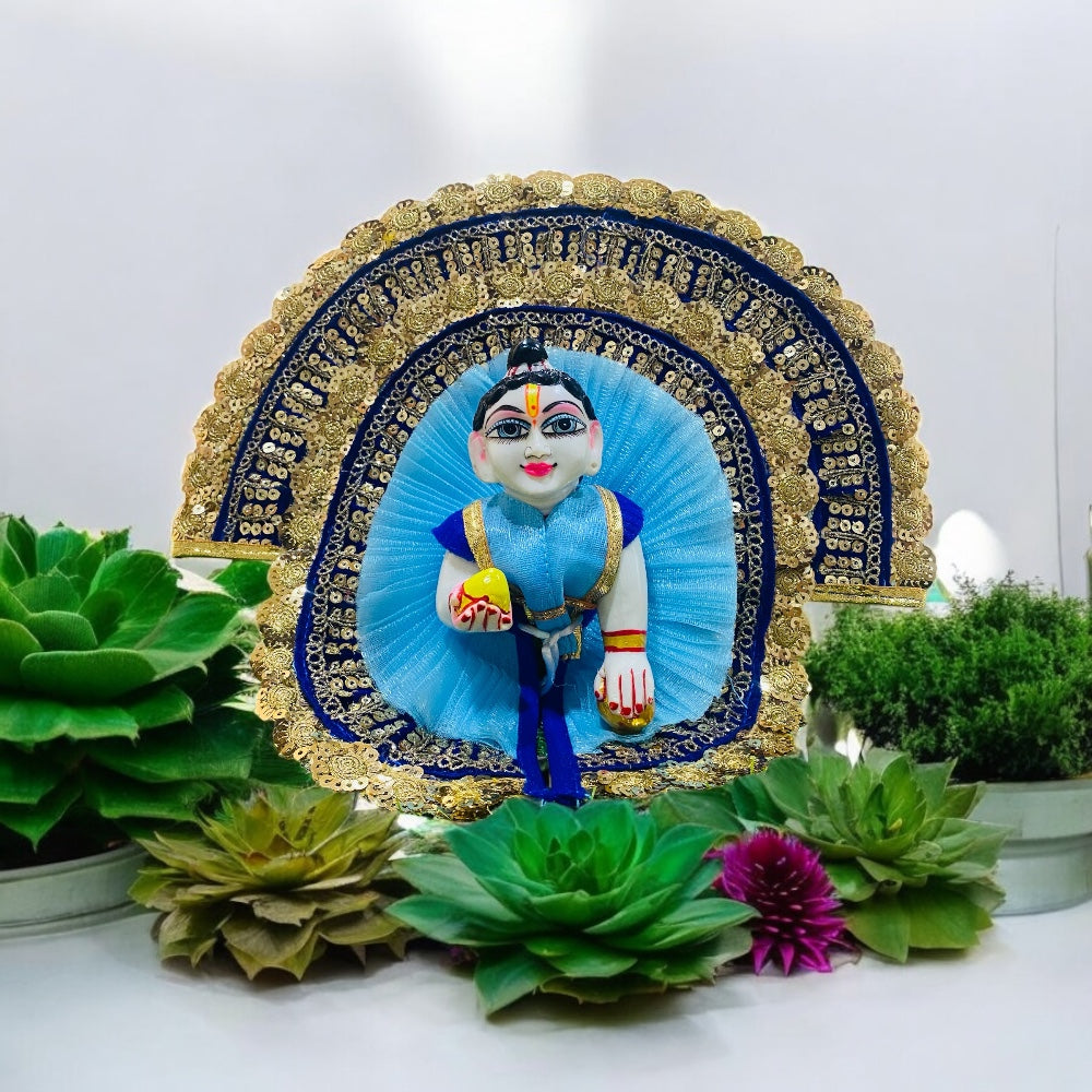 Sky Blue Heavy Laddu Gopal Dress with Pagdi & Golden Lace Border – Designer Poshak