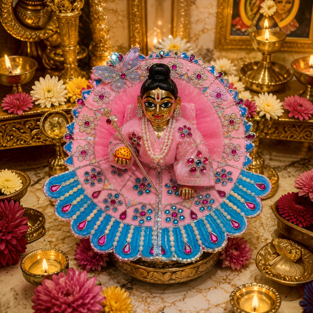Premium Designer Laddu Gopal Ji Dress – Stone Work | Embroidery Brder | Washable Fabric - Pink