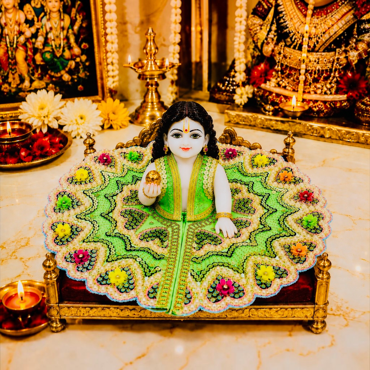 Designer Laddu Gopal Ji Dress | Heavy Stone & Embroidery Work | Premium Handmade Kanha Poshak - Light Green