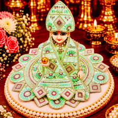 Designer Laddu Gopal Ji Dress Set with Matching Mukut, Patka & Blouse - Seafoam green