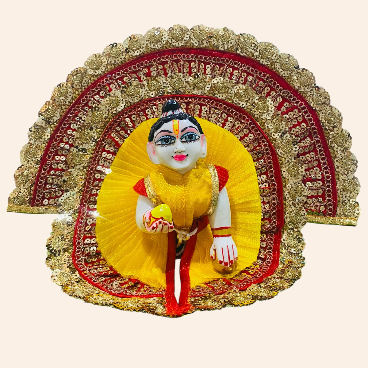 Yellow & Red Heavy Designer Laddu Gopal Ji Dress with Golden Lace & Pagdi