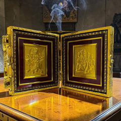 Gold Plated Durga Maa & Shiv Parivar Suitcase Style (6x6 Inch) – Portable Mini Mandir & Gift Set